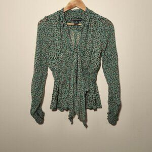 y2k Celia Birtwell For Express 100% Silk Peplum Tie Front Floral Blouse sz XS